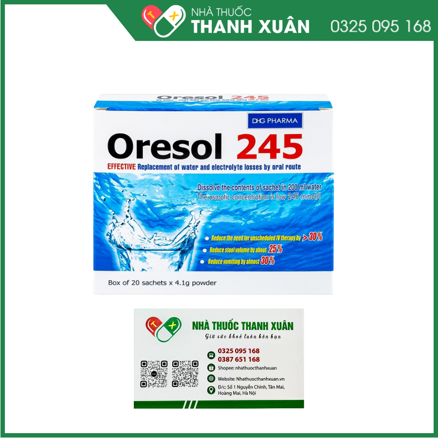 Oresol 245 DHG Pharma bù nước, bổ sung chất điện giải, điều trị mất nước do tiêu chảy